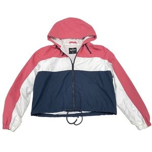 Hollister Windbreaker Zip Up Color Block Jacket Size Medium Hood pink white blue